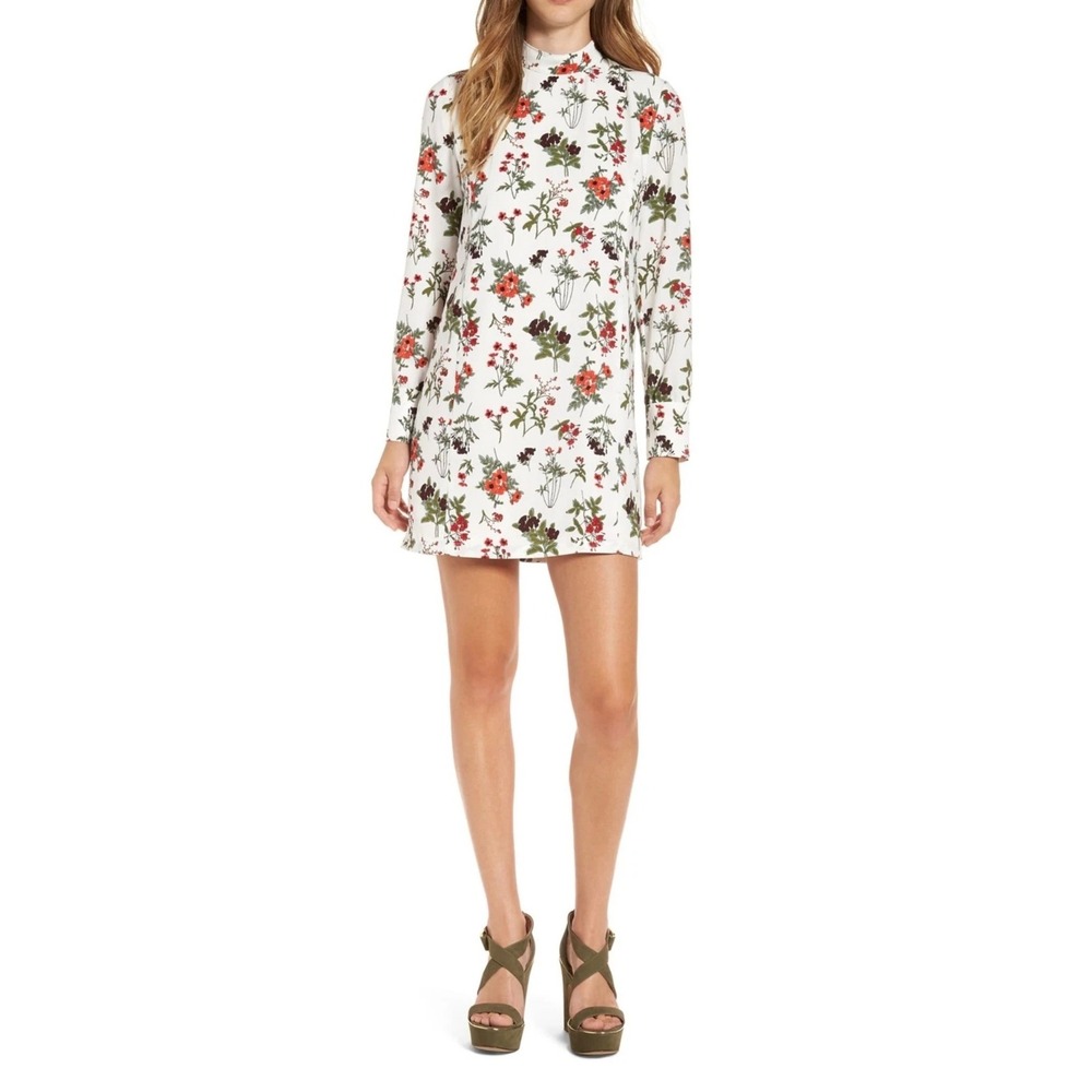 Leith White Floral Long Sleeve Mock Neck Mini Shift Dress Size Small Mod GUC